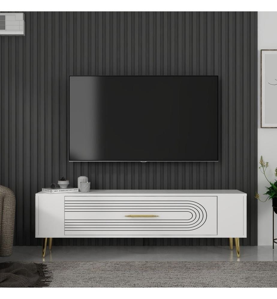 Meuble TV, blanc, doré, PANNEAU DE PARTICULES 100 % MÉLAMINÉ
