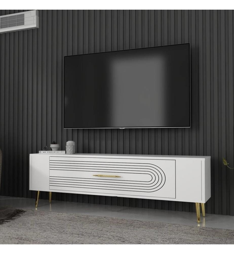 Meuble TV, blanc, doré, PANNEAU DE PARTICULES 100 % MÉLAMINÉ