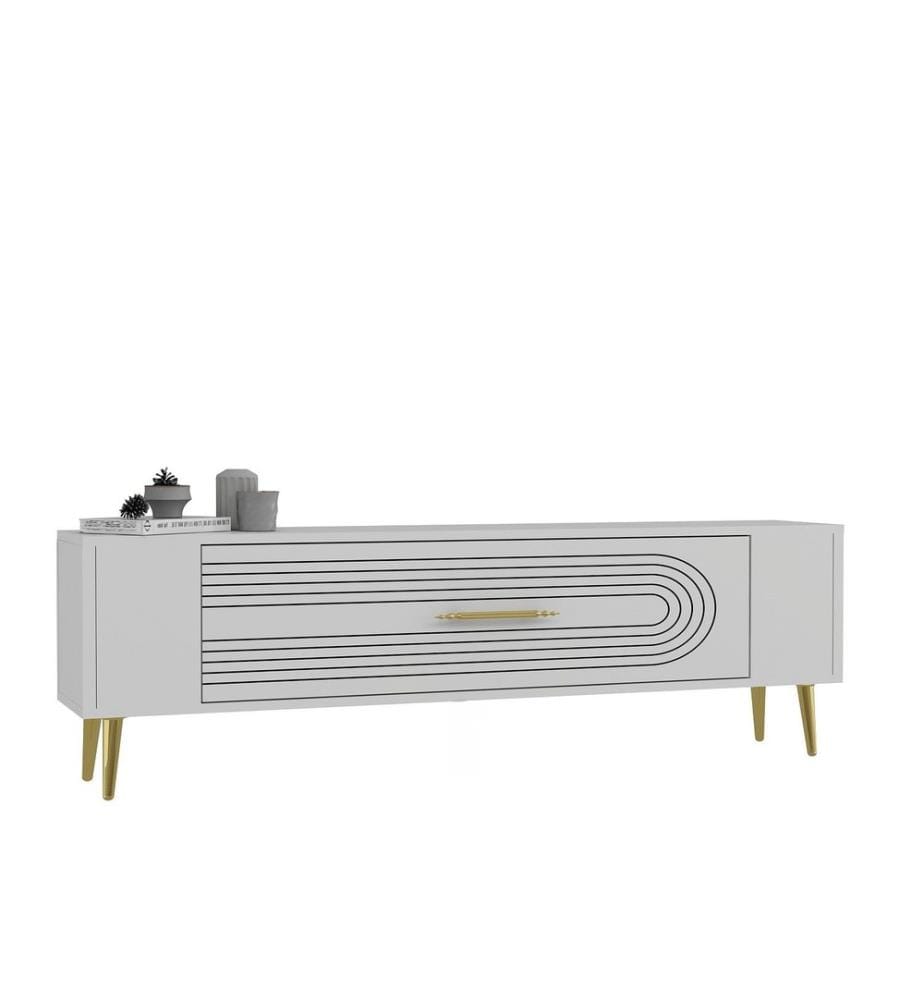 Meuble TV, blanc, doré, PANNEAU DE PARTICULES 100 % MÉLAMINÉ