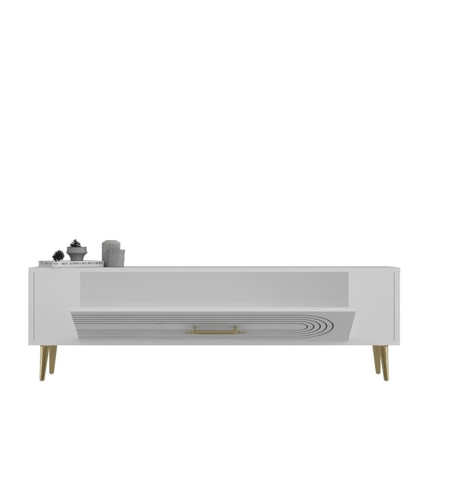 Meuble TV, blanc, doré, PANNEAU DE PARTICULES 100 % MÉLAMINÉ