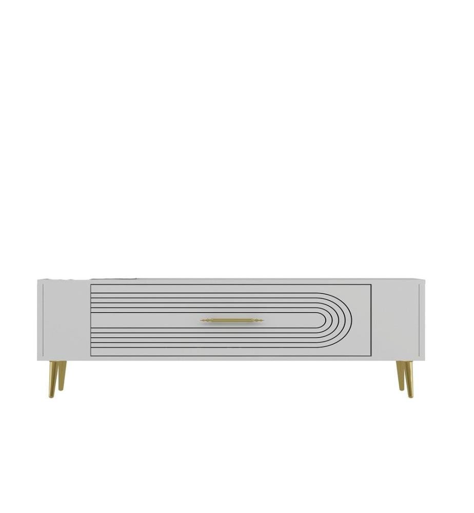 Meuble TV, blanc, doré, PANNEAU DE PARTICULES 100 % MÉLAMINÉ