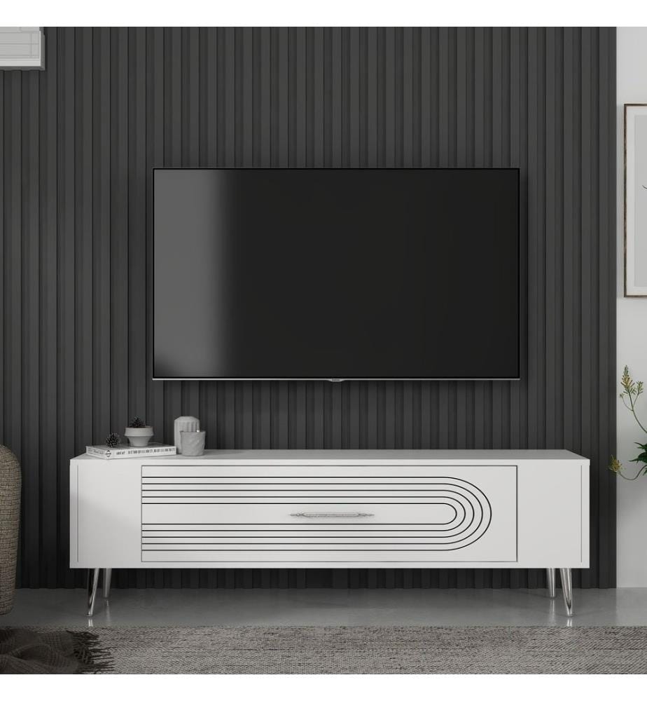 Meuble TV, blanc, argent, panneau de particules 100 % mélaminé