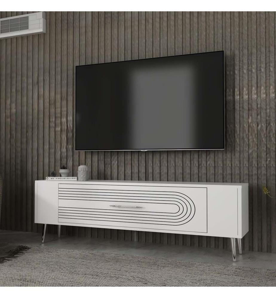 Meuble TV, blanc, argent, panneau de particules 100 % mélaminé