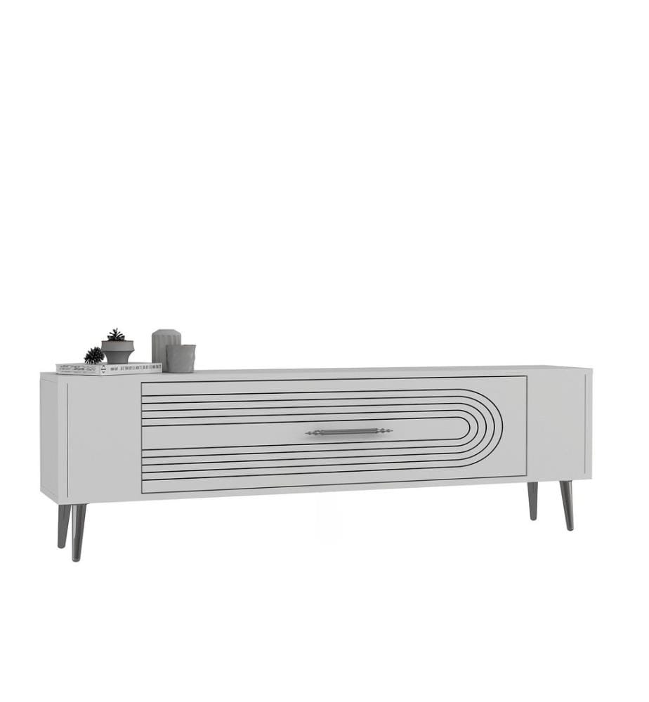Meuble TV, blanc, argent, panneau de particules 100 % mélaminé