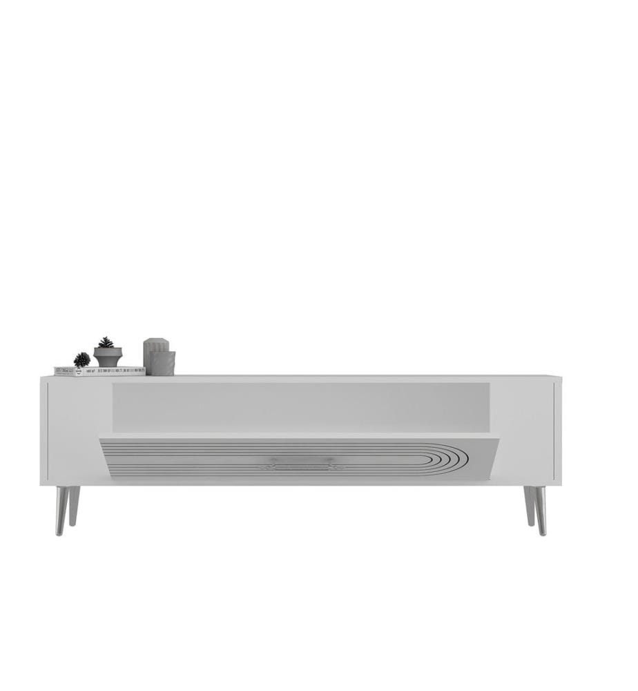 Meuble TV, blanc, argent, panneau de particules 100 % mélaminé