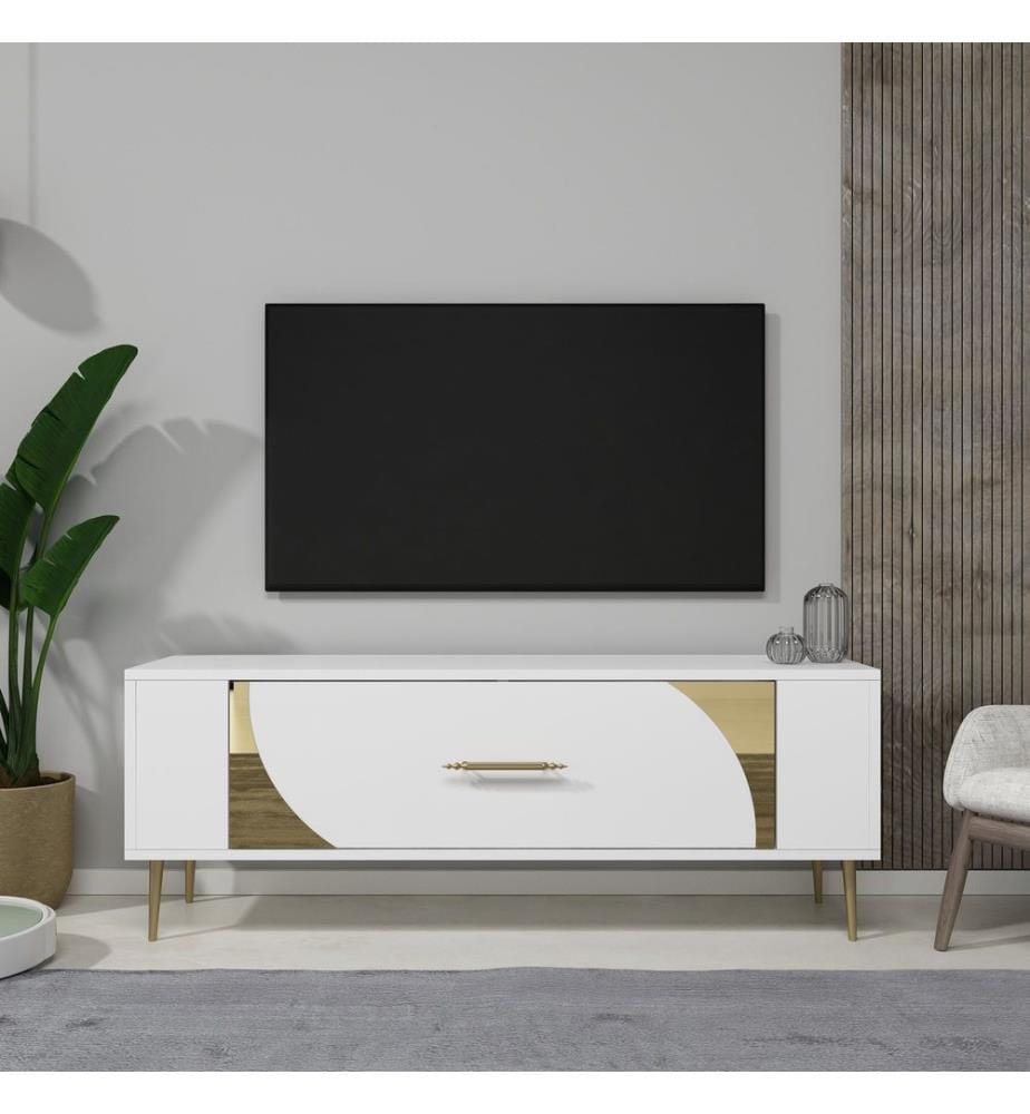 Meuble TV, blanc, doré, PANNEAU DE PARTICULES 100 % MÉLAMINÉ