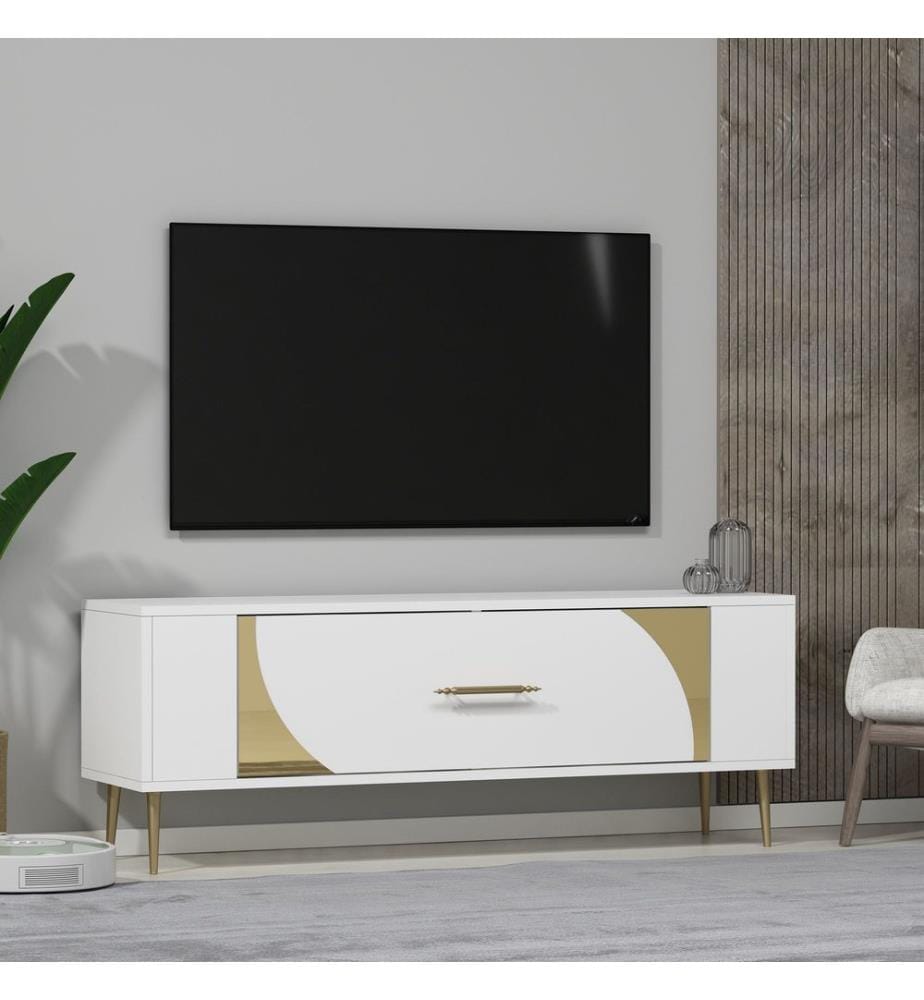 Meuble TV, blanc, doré, PANNEAU DE PARTICULES 100 % MÉLAMINÉ