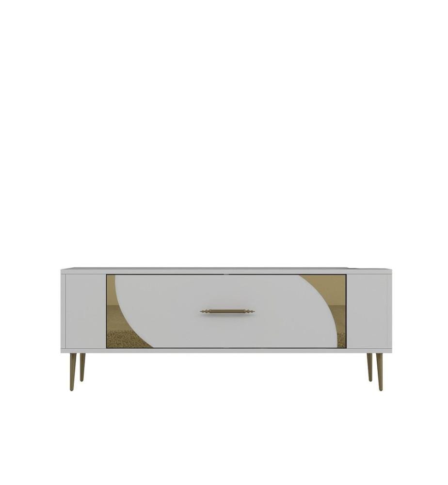 Meuble TV, blanc, doré, PANNEAU DE PARTICULES 100 % MÉLAMINÉ