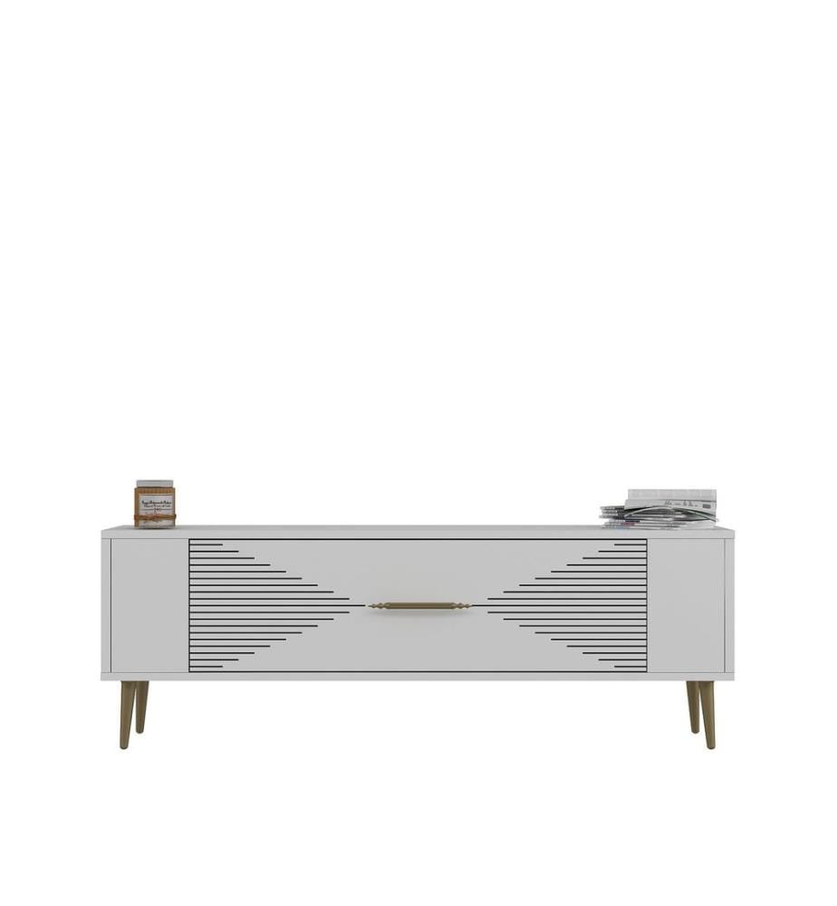 Meuble TV, blanc, doré, PANNEAU DE PARTICULES 100 % MÉLAMINÉ