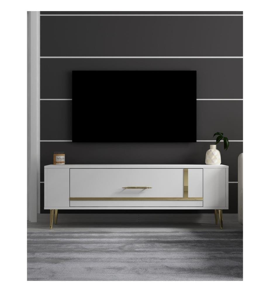 Meuble TV, blanc, doré, PANNEAU DE PARTICULES 100 % MÉLAMINÉ
