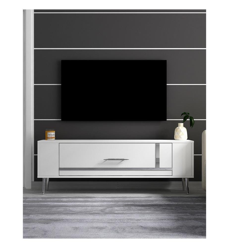 Meuble TV, blanc, argent, panneau de particules 100 % mélaminé