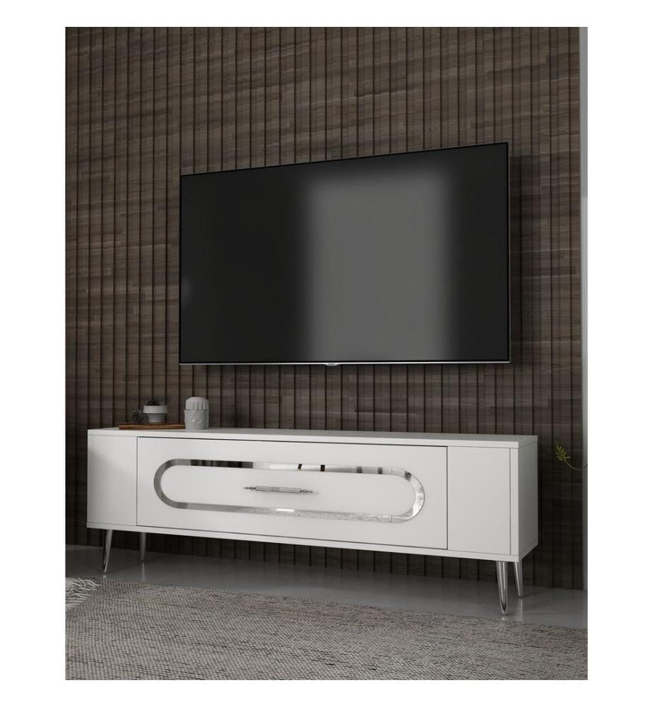 Meuble TV, blanc, argent, panneau de particules 100 % mélaminé