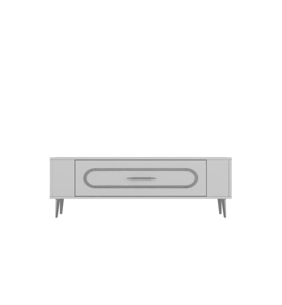 Meuble TV, blanc, argent, panneau de particules 100 % mélaminé