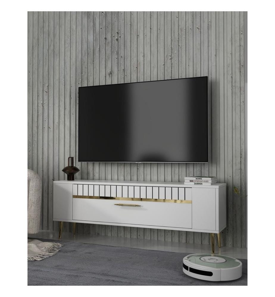 Meuble TV, blanc, doré, PANNEAU DE PARTICULES 100 % MÉLAMINÉ