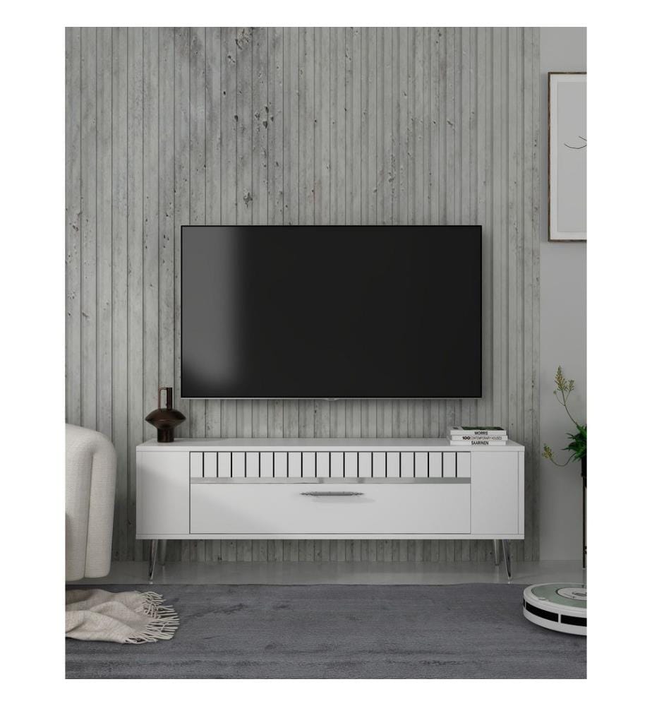 Meuble TV, blanc, argent, panneau de particules 100 % mélaminé