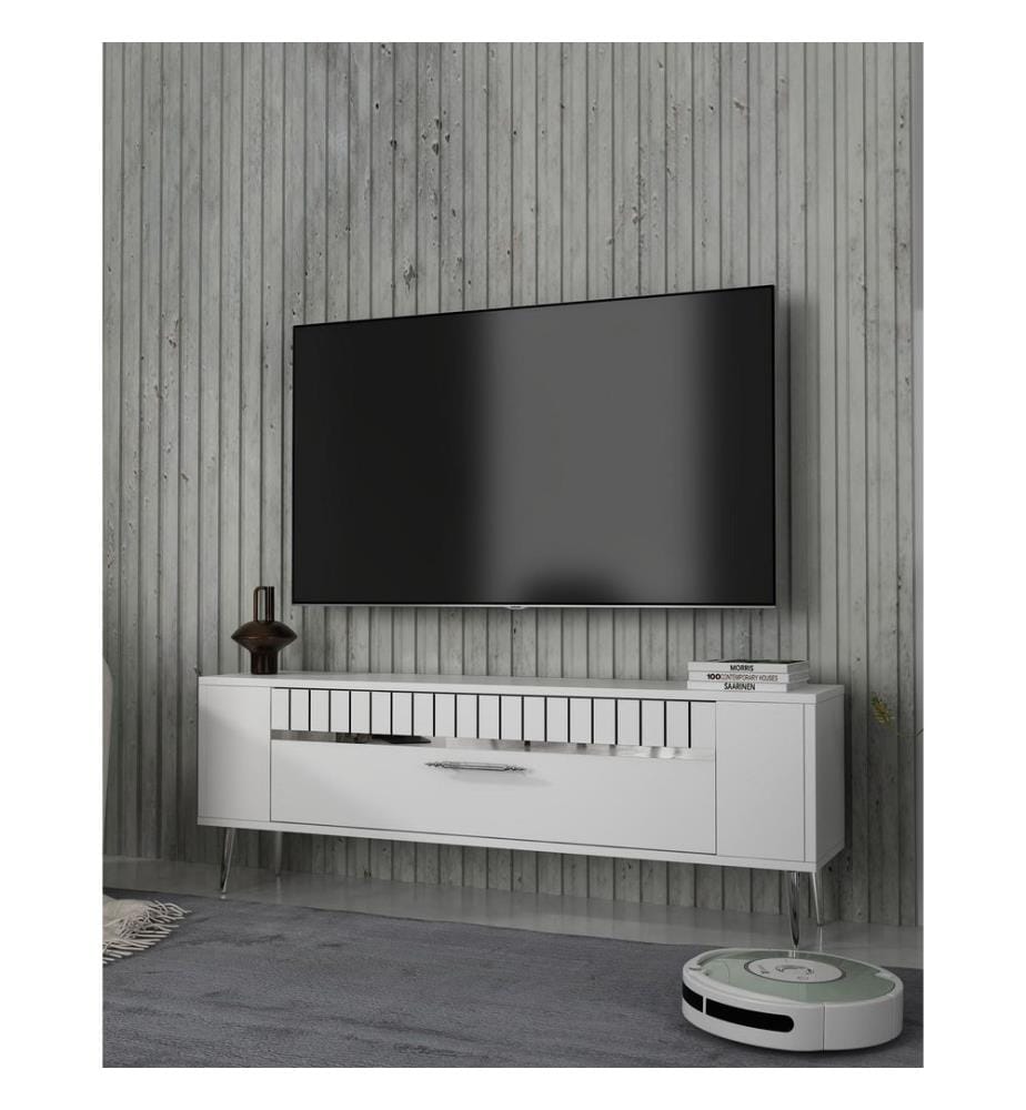 Meuble TV, blanc, argent, panneau de particules 100 % mélaminé