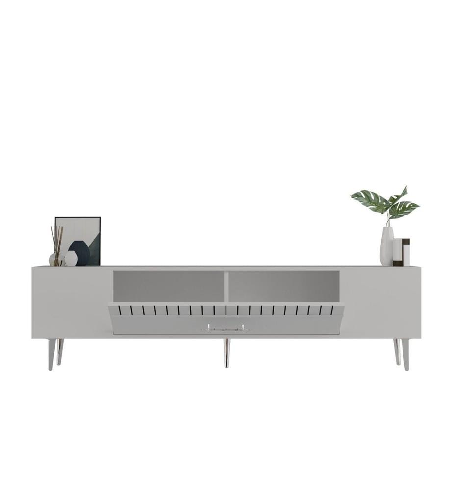 Meuble TV, blanc, argent, panneau de particules 100 % mélaminé