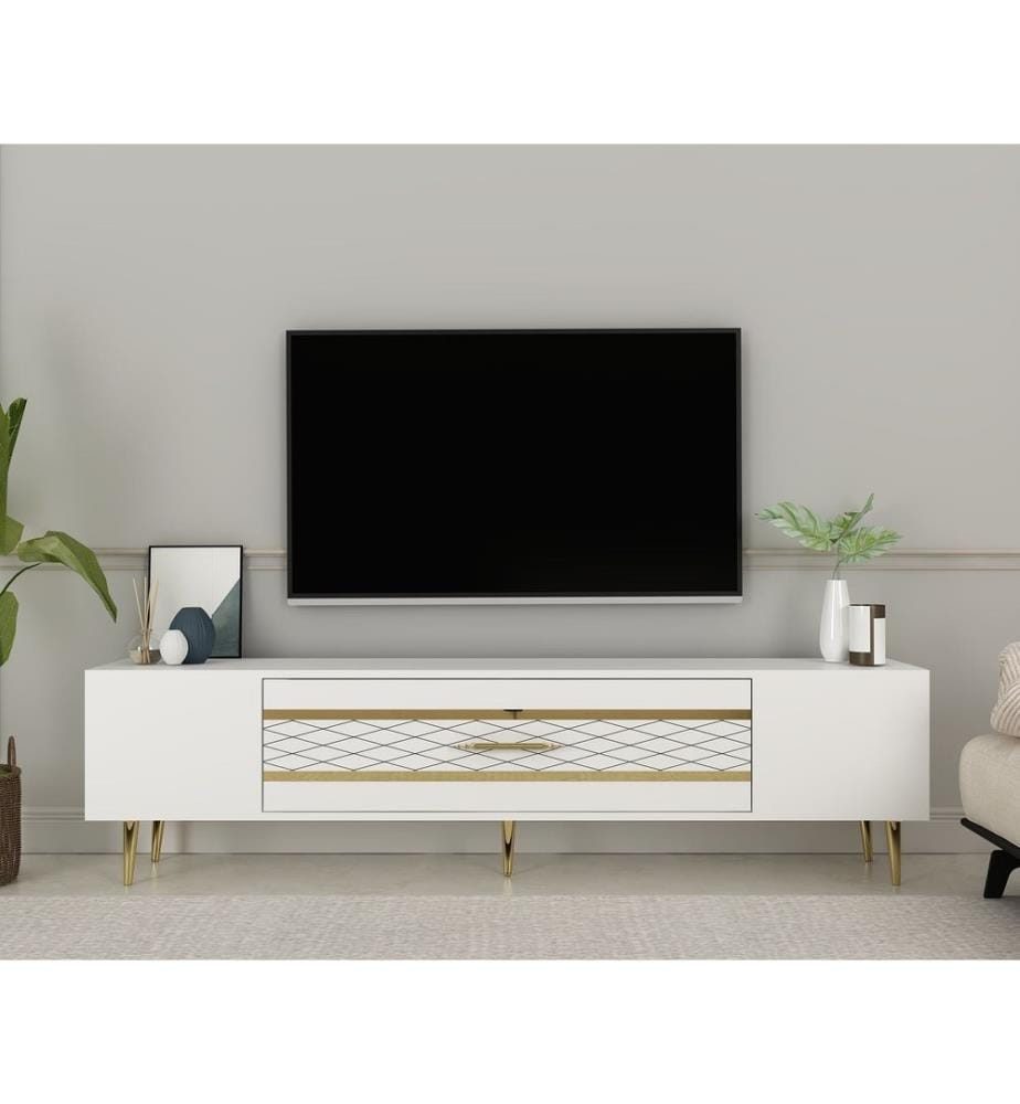 Meuble TV, blanc, doré, PANNEAU DE PARTICULES 100 % MÉLAMINÉ