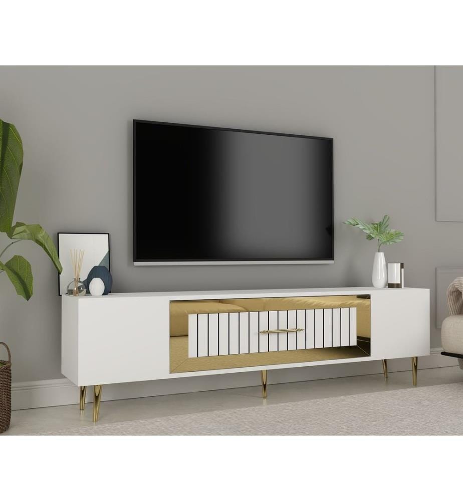 Meuble TV, blanc, doré, PANNEAU DE PARTICULES 100 % MÉLAMINÉ