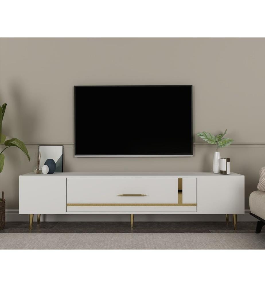 Meuble TV, blanc, doré, PANNEAU DE PARTICULES 100 % MÉLAMINÉ