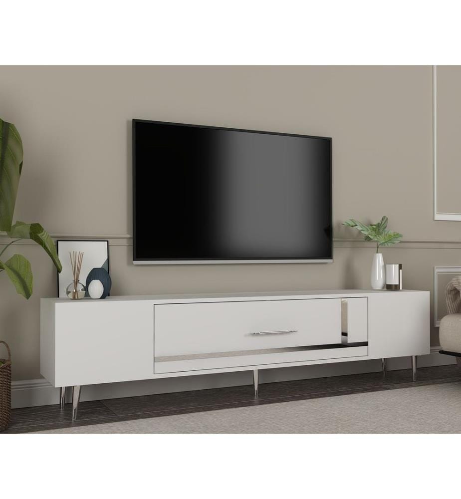 Meuble TV, blanc, argent, panneau de particules 100 % mélaminé
