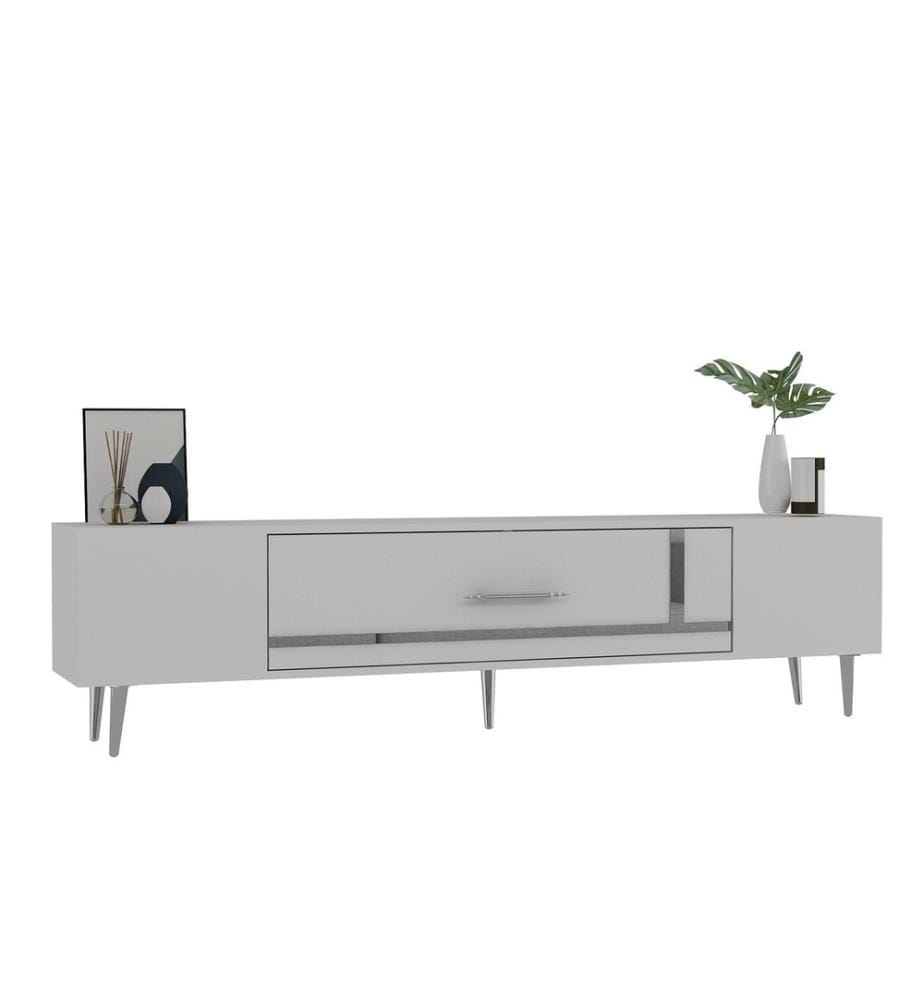 Meuble TV, blanc, argent, panneau de particules 100 % mélaminé