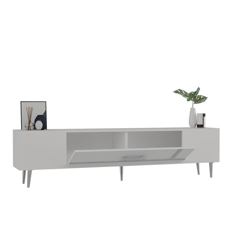 Meuble TV, blanc, argent, panneau de particules 100 % mélaminé