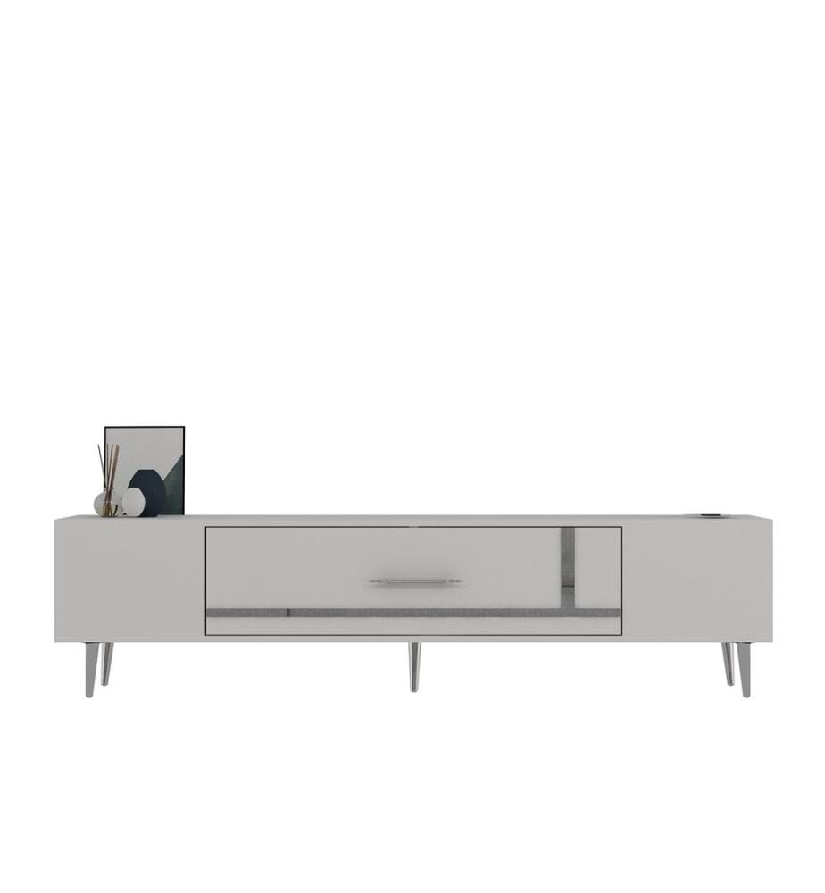 Meuble TV, blanc, argent, panneau de particules 100 % mélaminé