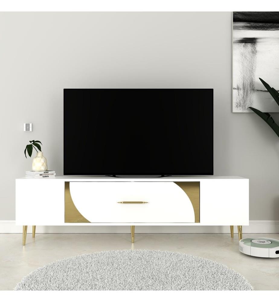 Meuble TV, blanc, doré, PANNEAU DE PARTICULES 100 % MÉLAMINÉ