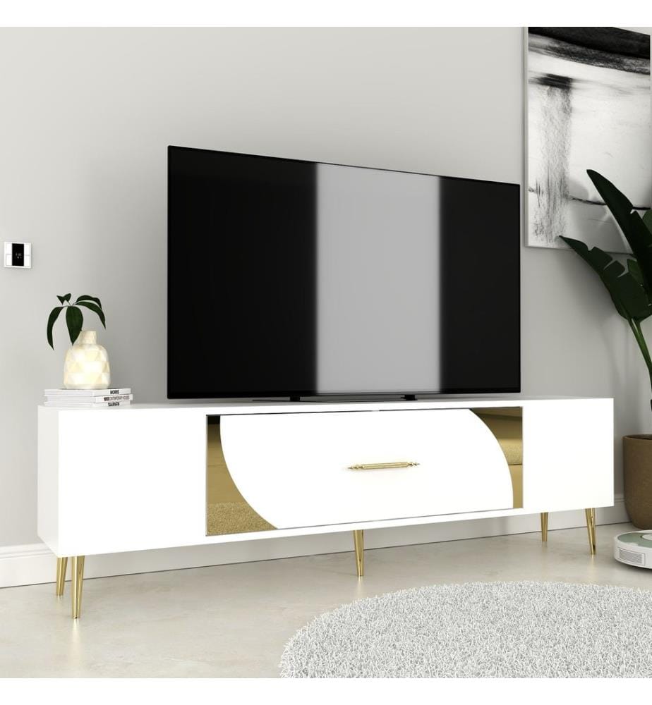 Meuble TV, blanc, doré, PANNEAU DE PARTICULES 100 % MÉLAMINÉ