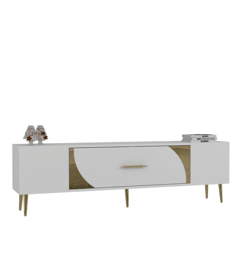 Meuble TV, blanc, doré, PANNEAU DE PARTICULES 100 % MÉLAMINÉ