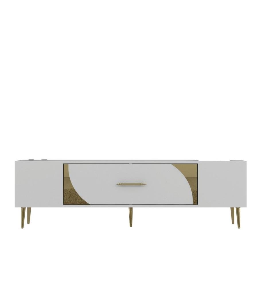 Meuble TV, blanc, doré, PANNEAU DE PARTICULES 100 % MÉLAMINÉ