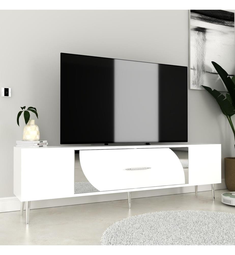 Meuble TV, blanc, argent, panneau de particules 100 % mélaminé