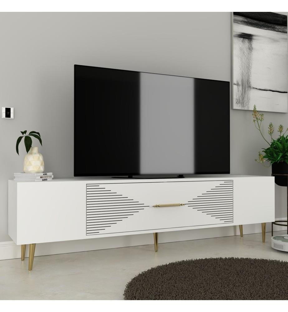 Meuble TV, blanc, doré, PANNEAU DE PARTICULES 100 % MÉLAMINÉ