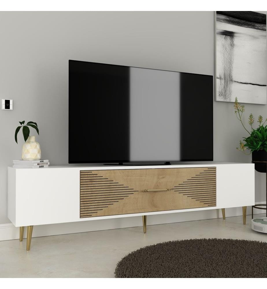 Meuble TV, chêne saphir, blanc, doré, PANNEAU DE PARTICULES 100 % REVÊTU DE MÉLAMINE