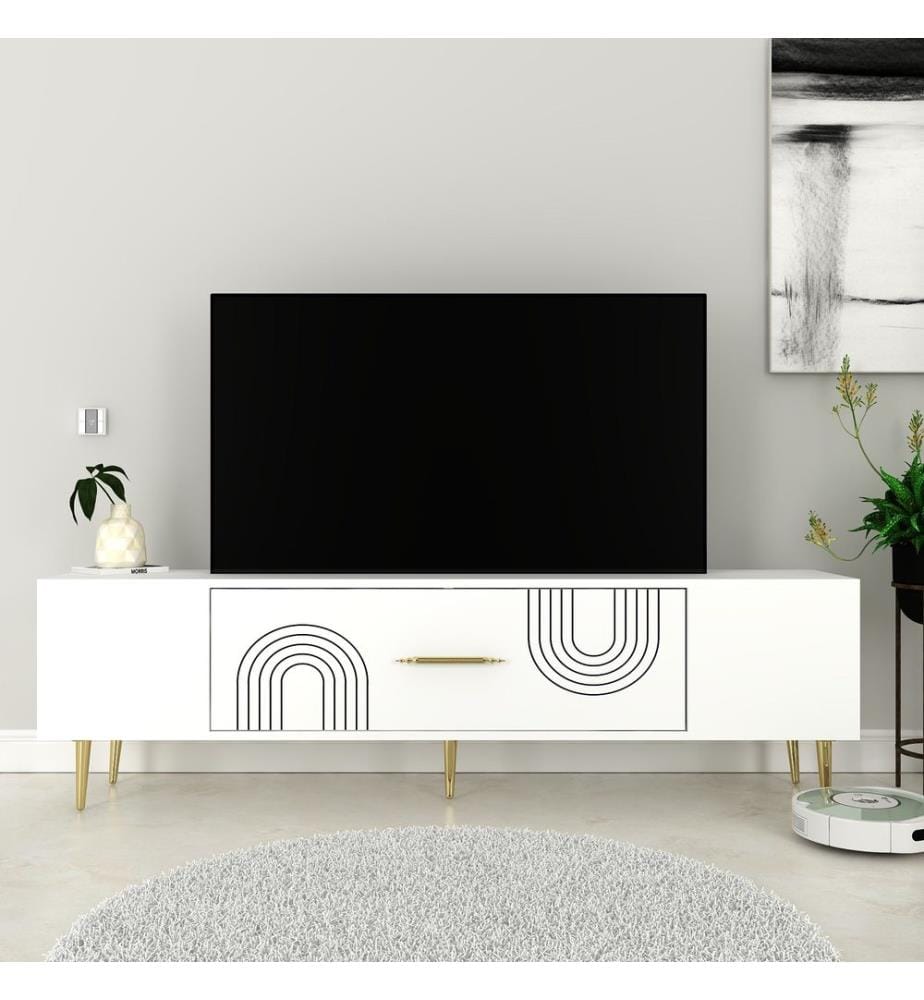 Meuble TV, blanc, doré, PANNEAU DE PARTICULES 100 % MÉLAMINÉ