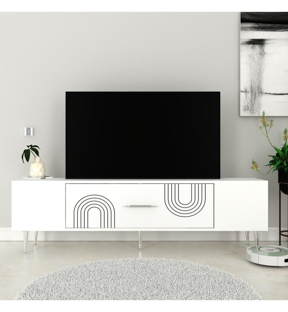 Meuble TV, blanc, argent, panneau de particules 100 % mélaminé