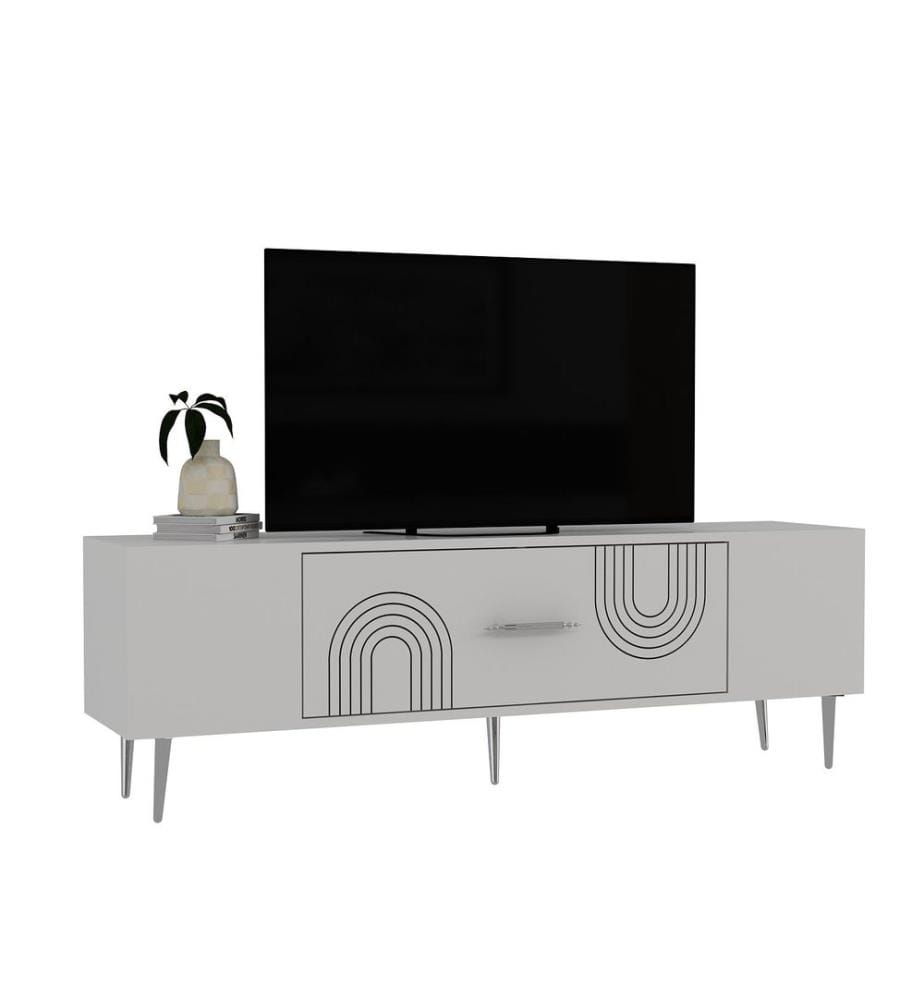 Meuble TV, blanc, argent, panneau de particules 100 % mélaminé
