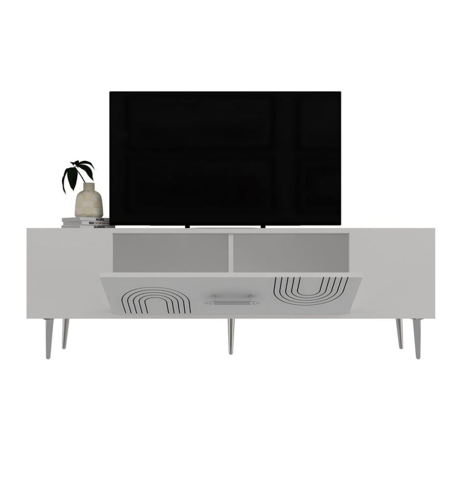 Meuble TV, blanc, argent, panneau de particules 100 % mélaminé