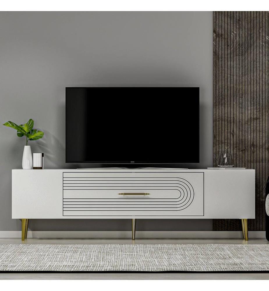 Meuble TV, blanc, doré, PANNEAU DE PARTICULES 100 % MÉLAMINÉ