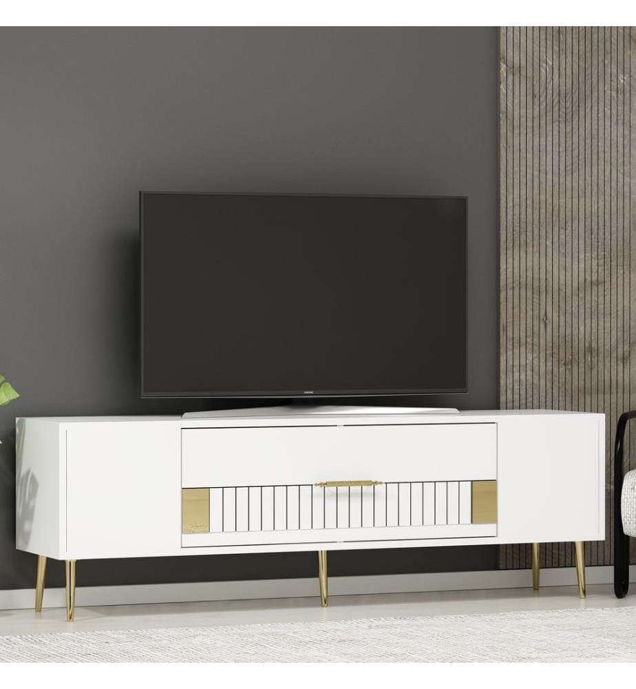 Meuble TV, blanc, doré, PANNEAU DE PARTICULES 100 % MÉLAMINÉ