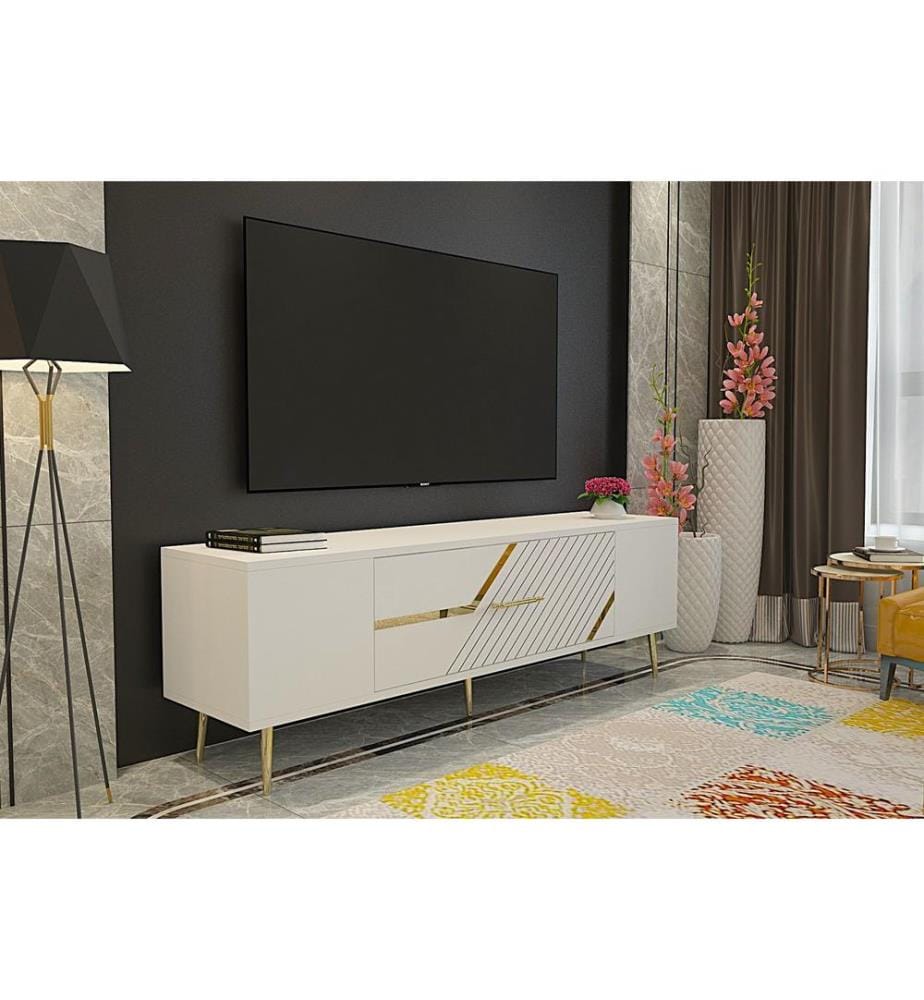 Meuble TV, blanc, doré, PANNEAU DE PARTICULES 100 % MÉLAMINÉ