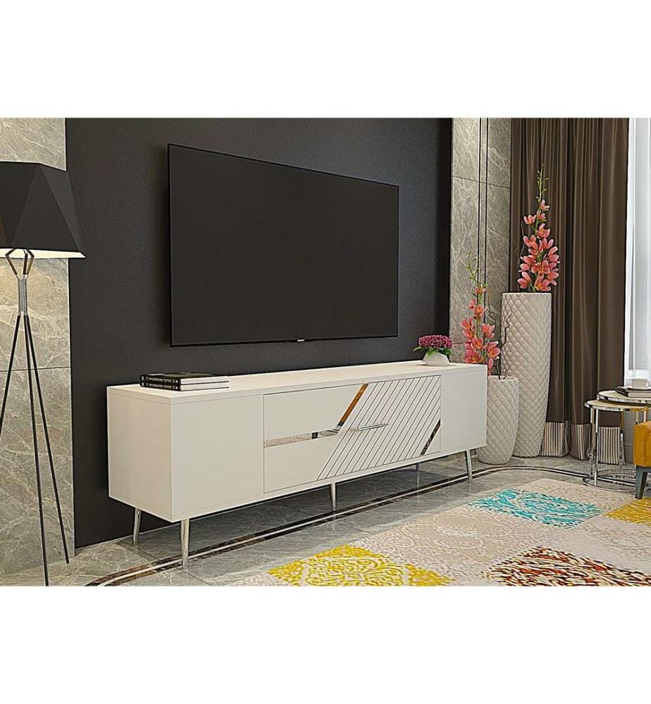 Meuble TV, blanc, argent, panneau de particules 100 % mélaminé