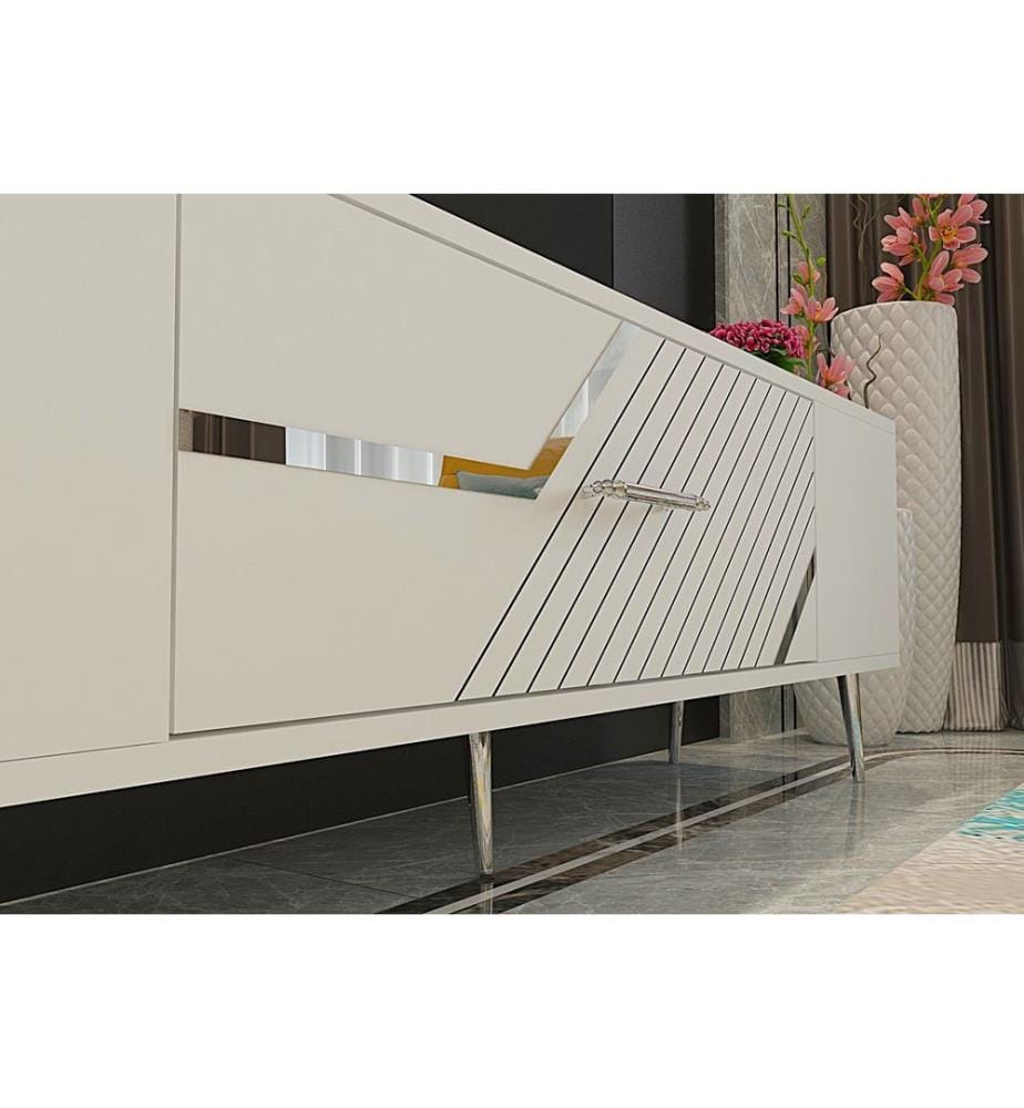 Meuble TV, blanc, argent, panneau de particules 100 % mélaminé