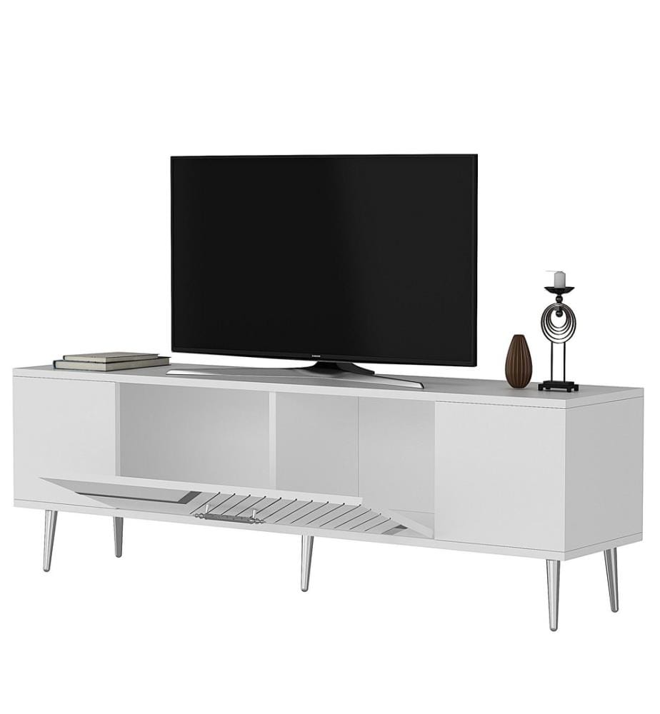 Meuble TV, blanc, argent, panneau de particules 100 % mélaminé