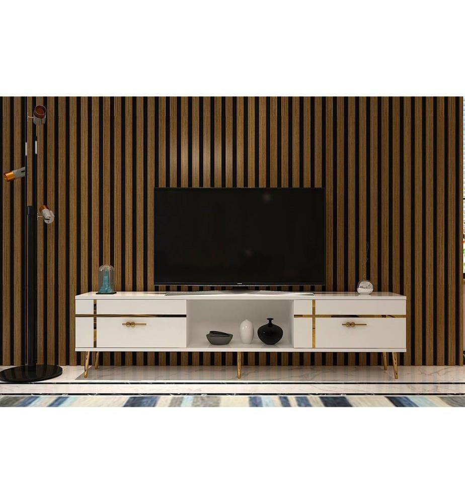Meuble TV, blanc, doré, PANNEAU DE PARTICULES 100 % MÉLAMINÉ