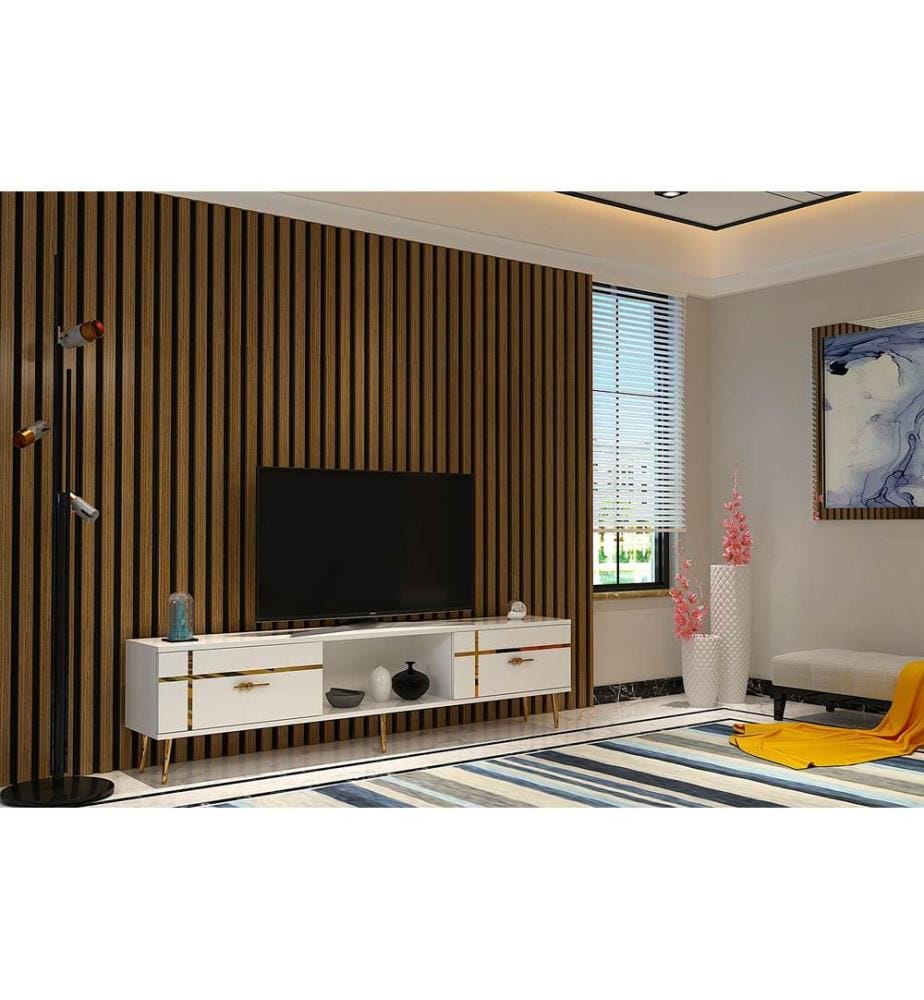 Meuble TV, blanc, doré, PANNEAU DE PARTICULES 100 % MÉLAMINÉ