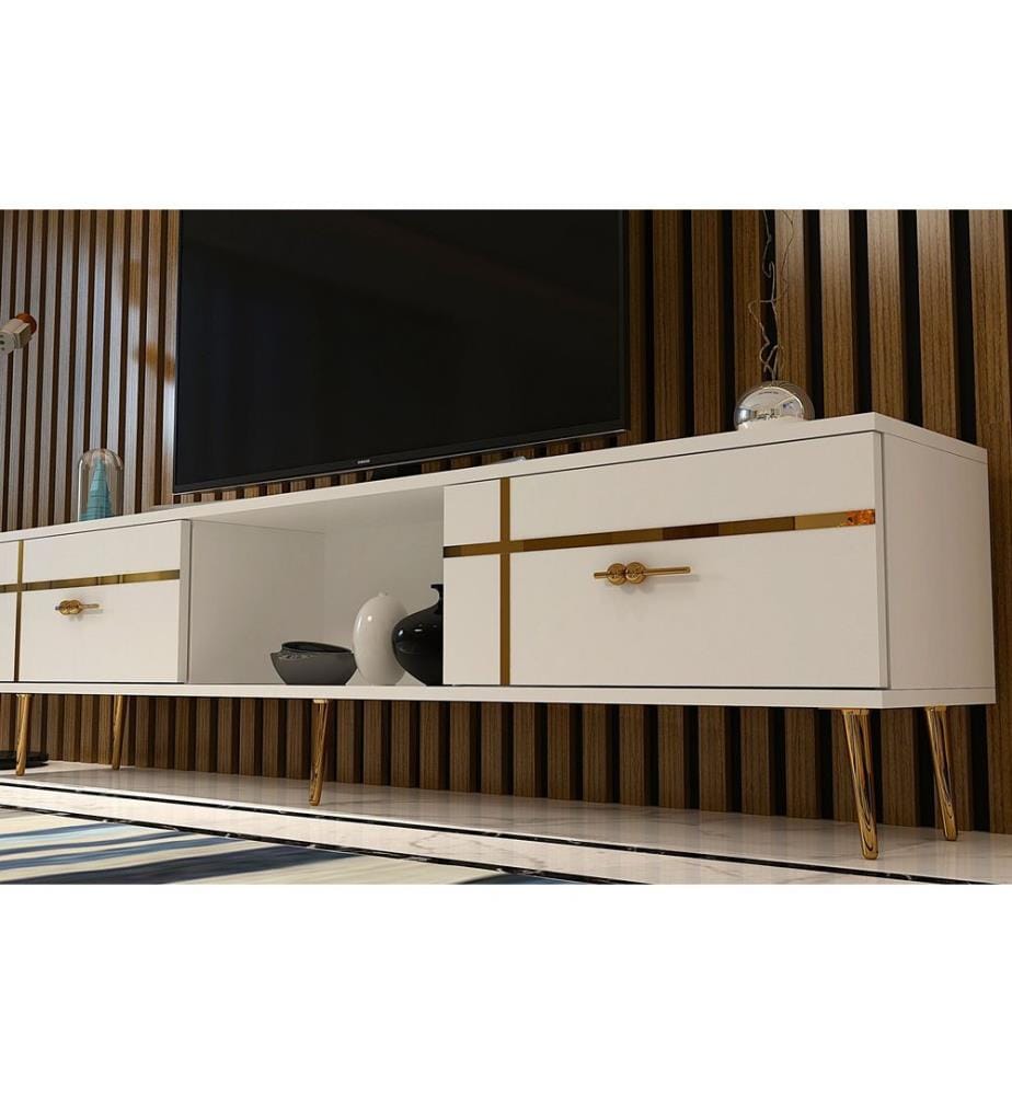Meuble TV, blanc, doré, PANNEAU DE PARTICULES 100 % MÉLAMINÉ