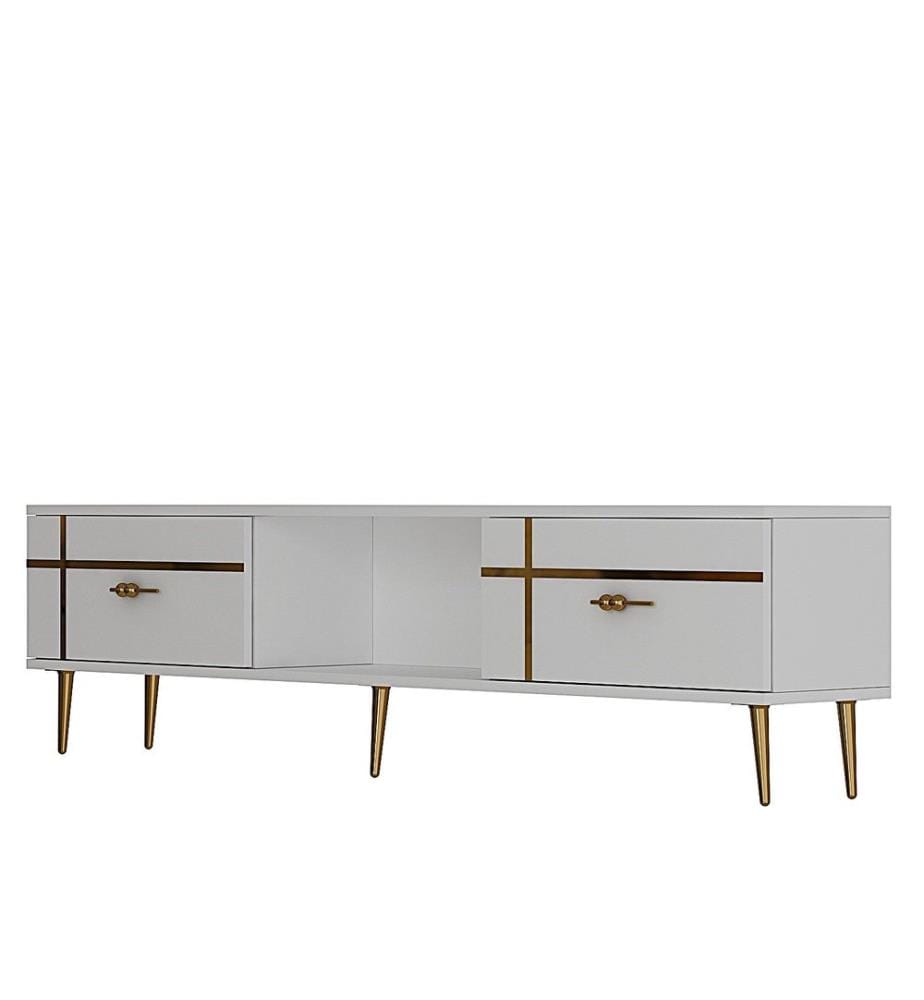 Meuble TV, blanc, doré, PANNEAU DE PARTICULES 100 % MÉLAMINÉ