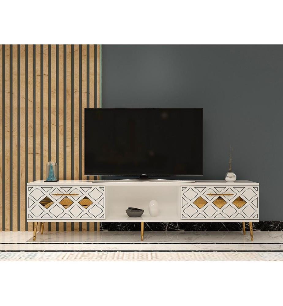 Meuble TV, blanc, doré, PANNEAU DE PARTICULES 100 % MÉLAMINÉ